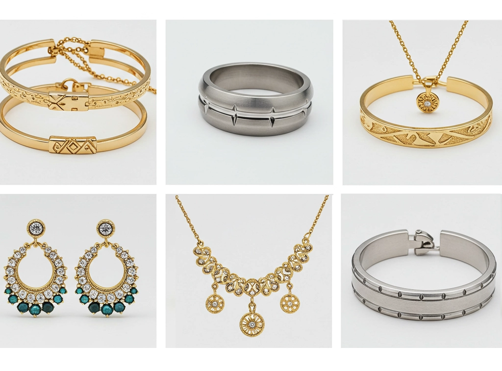 A collection of various jewelry pieces, including gold and silver bangles, stainless steel rings, gemstone earrings, and delicate necklaces, showcasing diverse styles and materials from trusted jewelry manufacturers for small businesses.