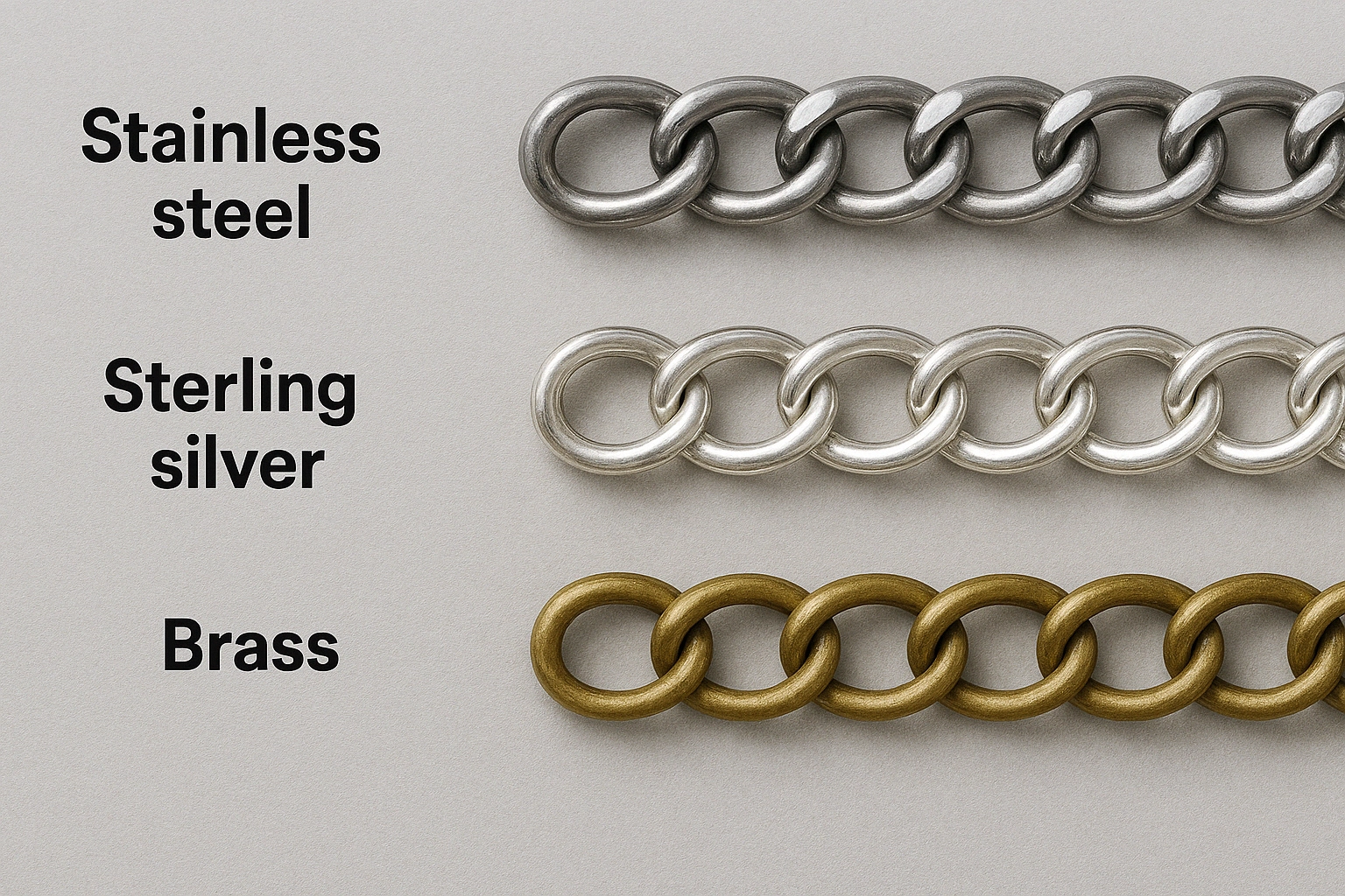Side-by-side comparison of stainless steel, sterling silver, and brass bracelet chains arranged in rows to show material differences.