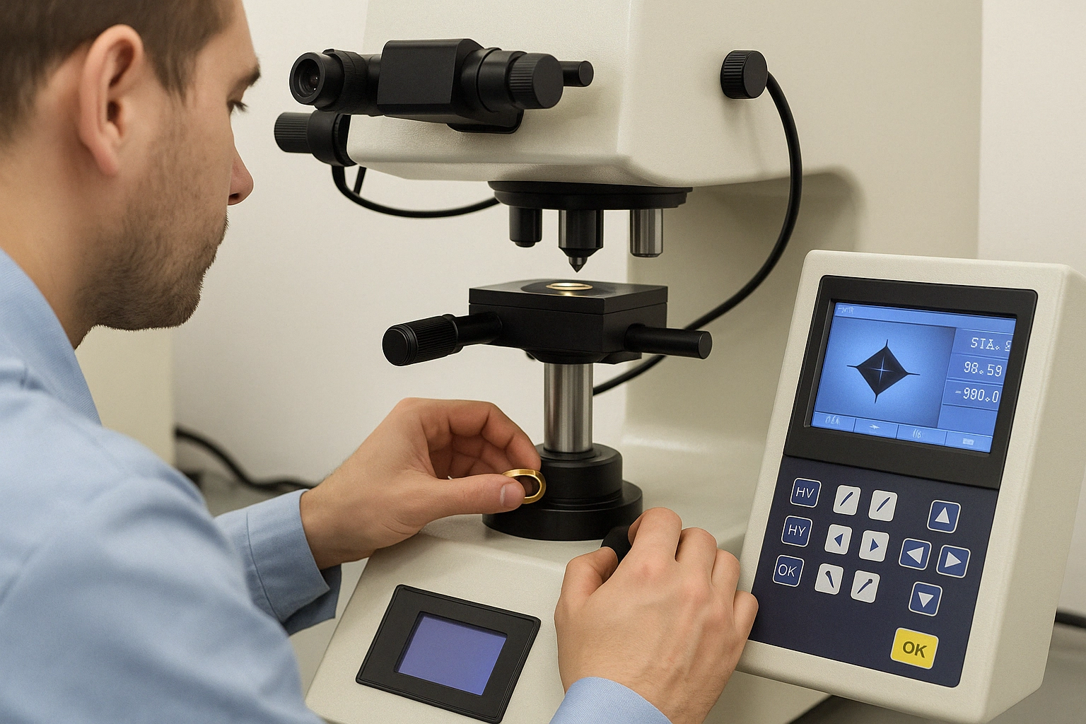 Technician performing a micro-Vickers hardness test on a burnished metal ring using precision equipment.
