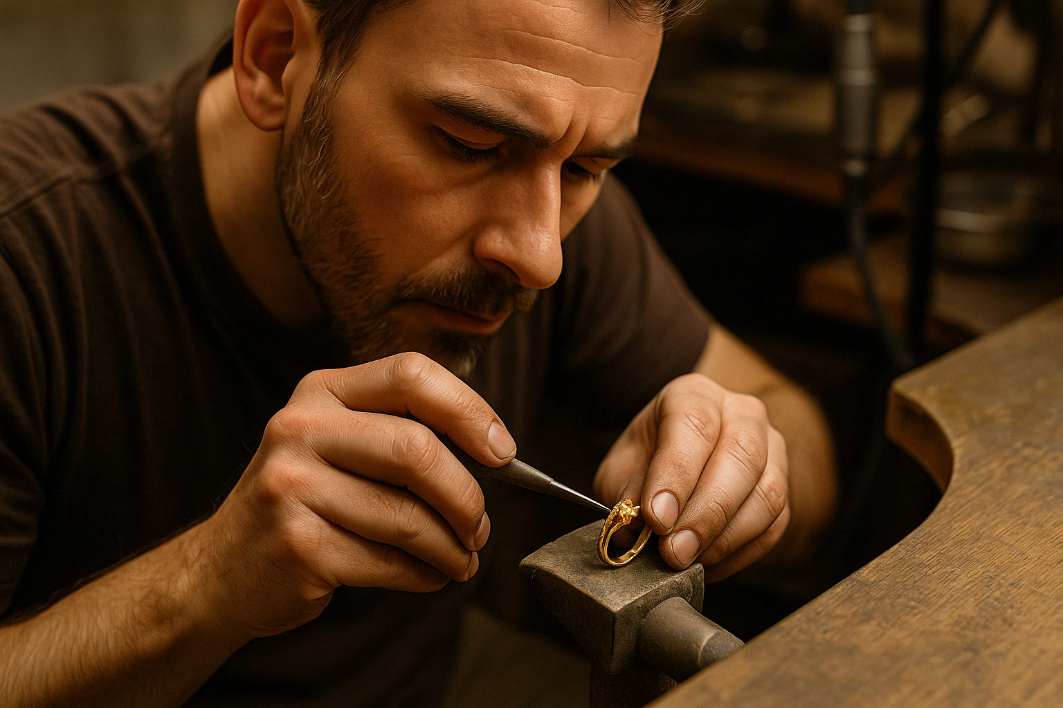 Skilled artisan working on a fine gold ring, using precision tools to set stones in a traditional jewelry workshop.
