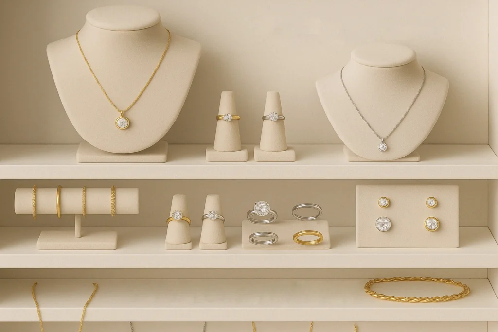 Elegant jewelry display showcasing a variety of rings, necklaces, earrings, and bracelets in both gold and silver tones.