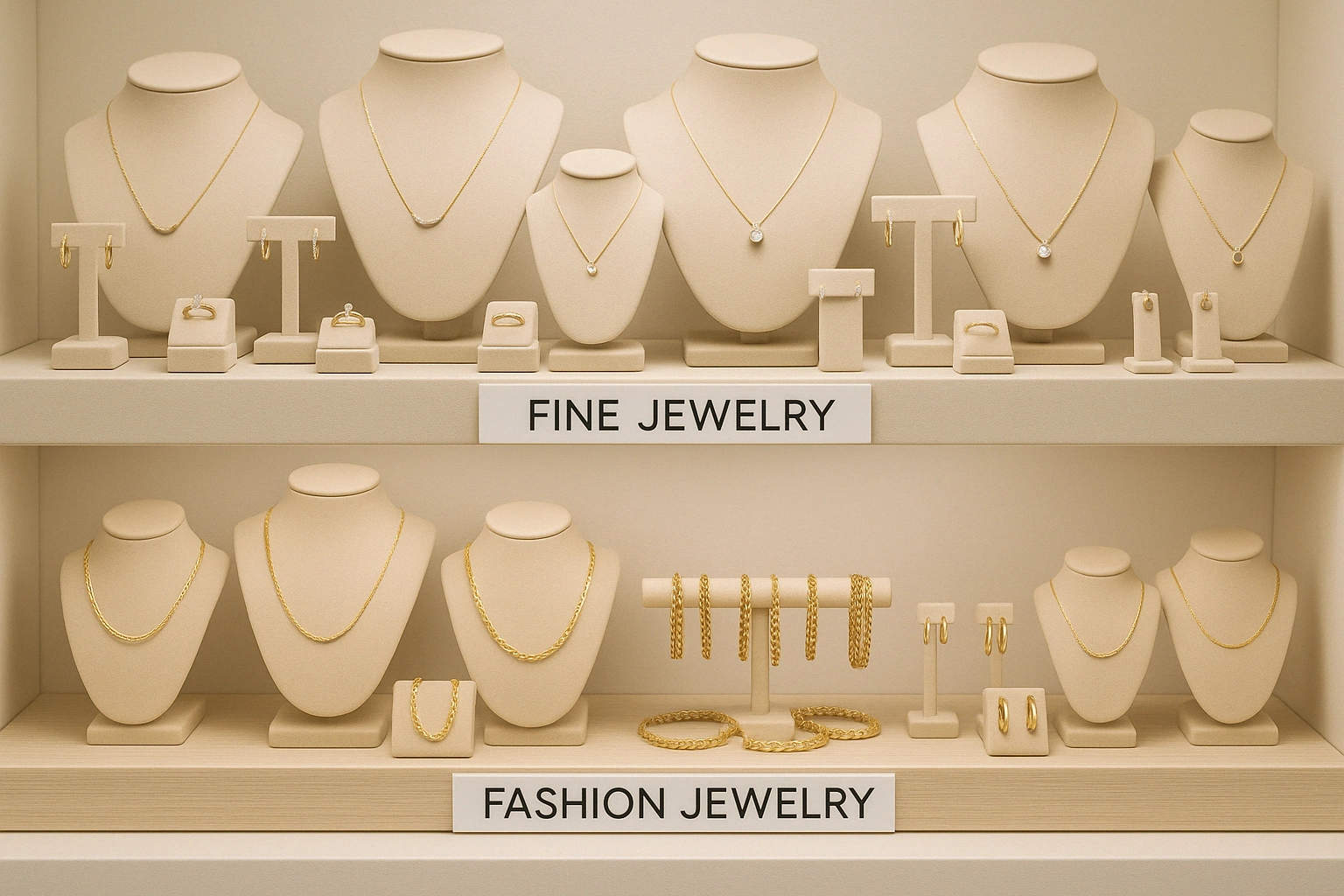 Side-by-side jewelry display comparing fine jewelry with diamonds and pearls to fashion jewelry with gold-toned designs.