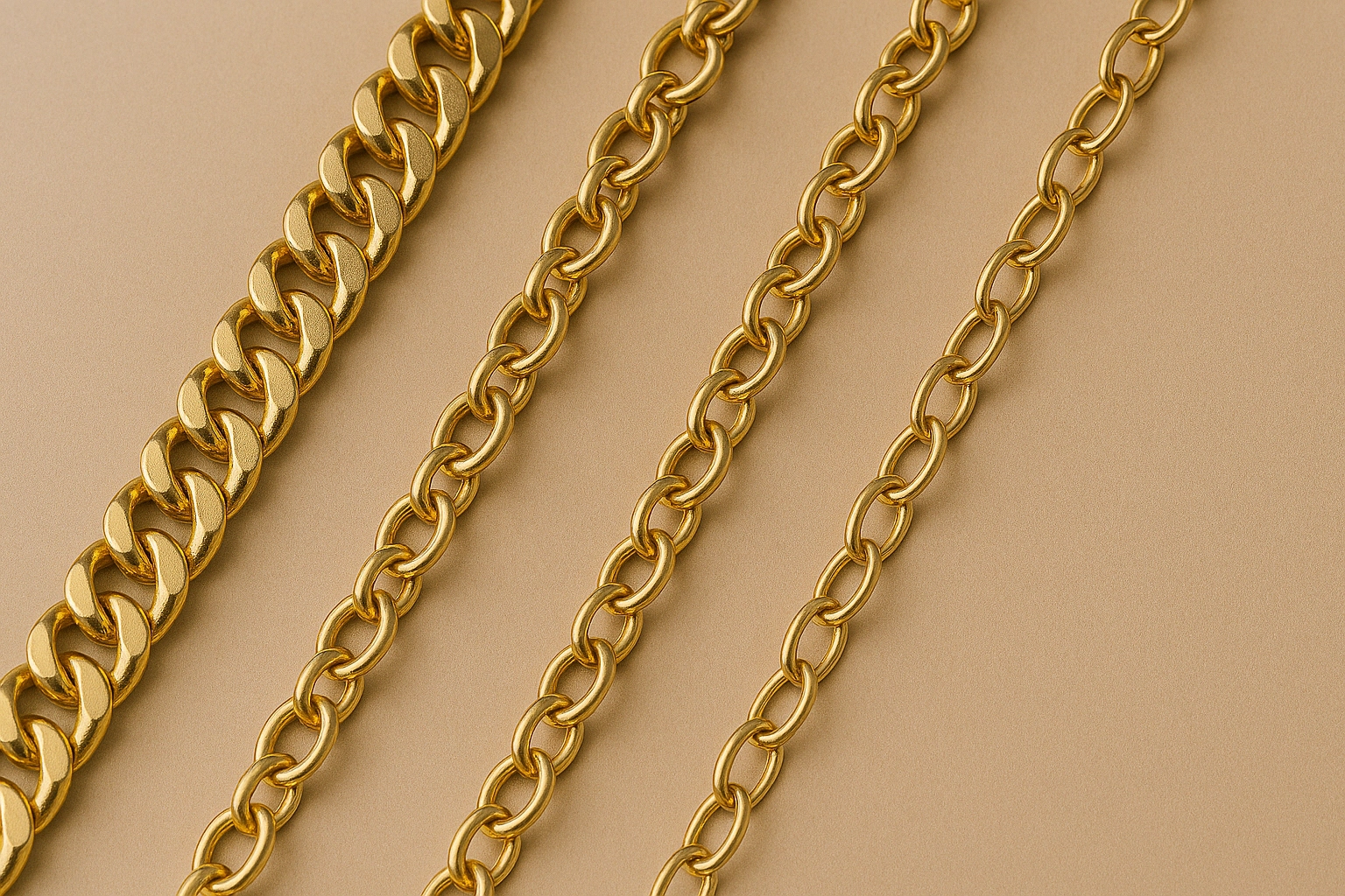 Gold chain bracelets in various styles including Cuban, cable, and rolo, arranged side by side on a neutral background.