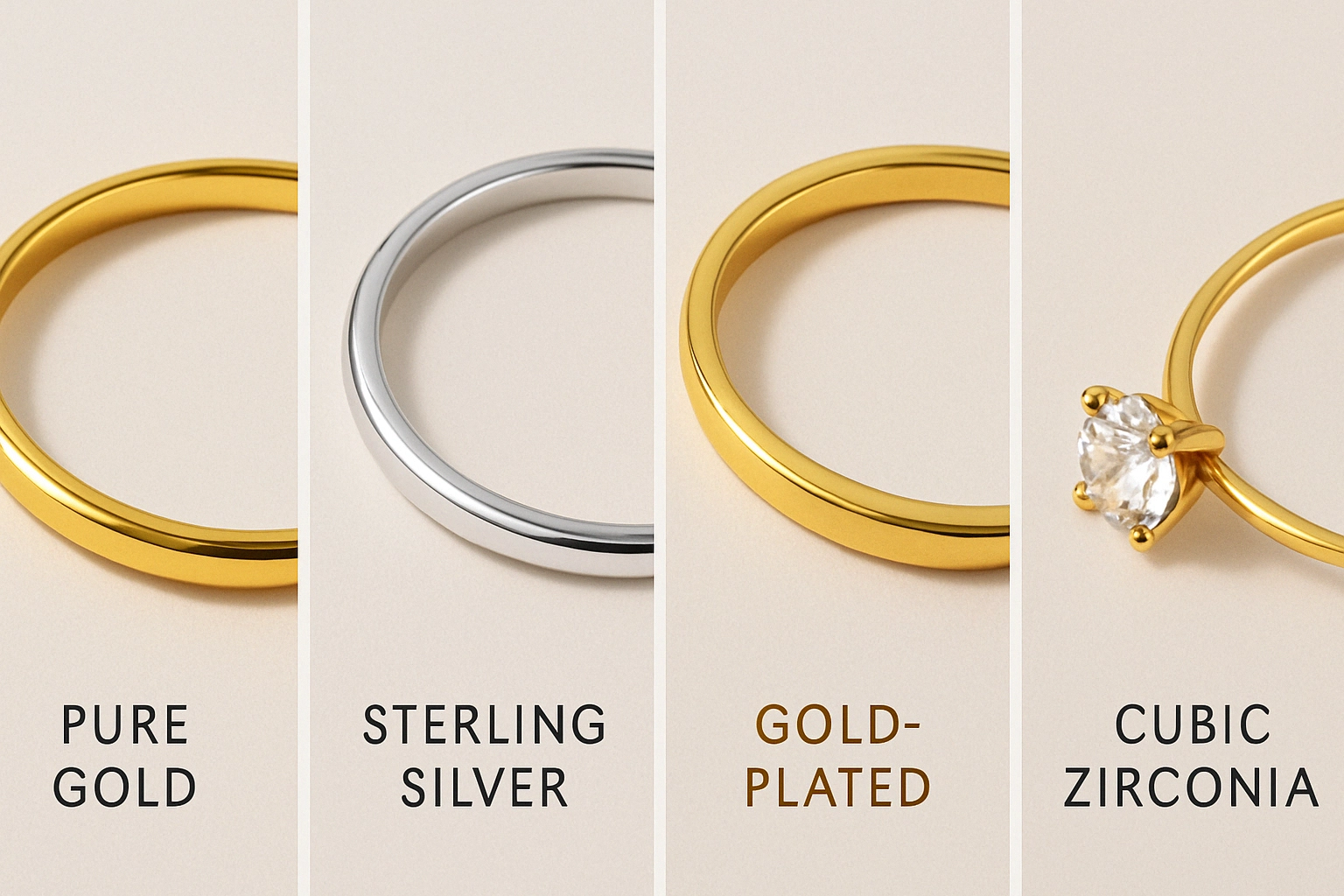 Side-by-side comparison of jewelry materials including pure gold, sterling silver, gold-plated alloy, and a cubic zirconia stone setting.