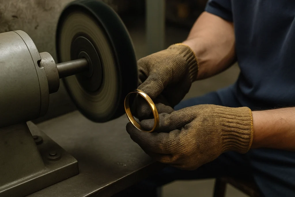 Worker wearing gloves polishing a gold metal bracelet on a buffing wheel to achieve a high-gloss mirror finish.