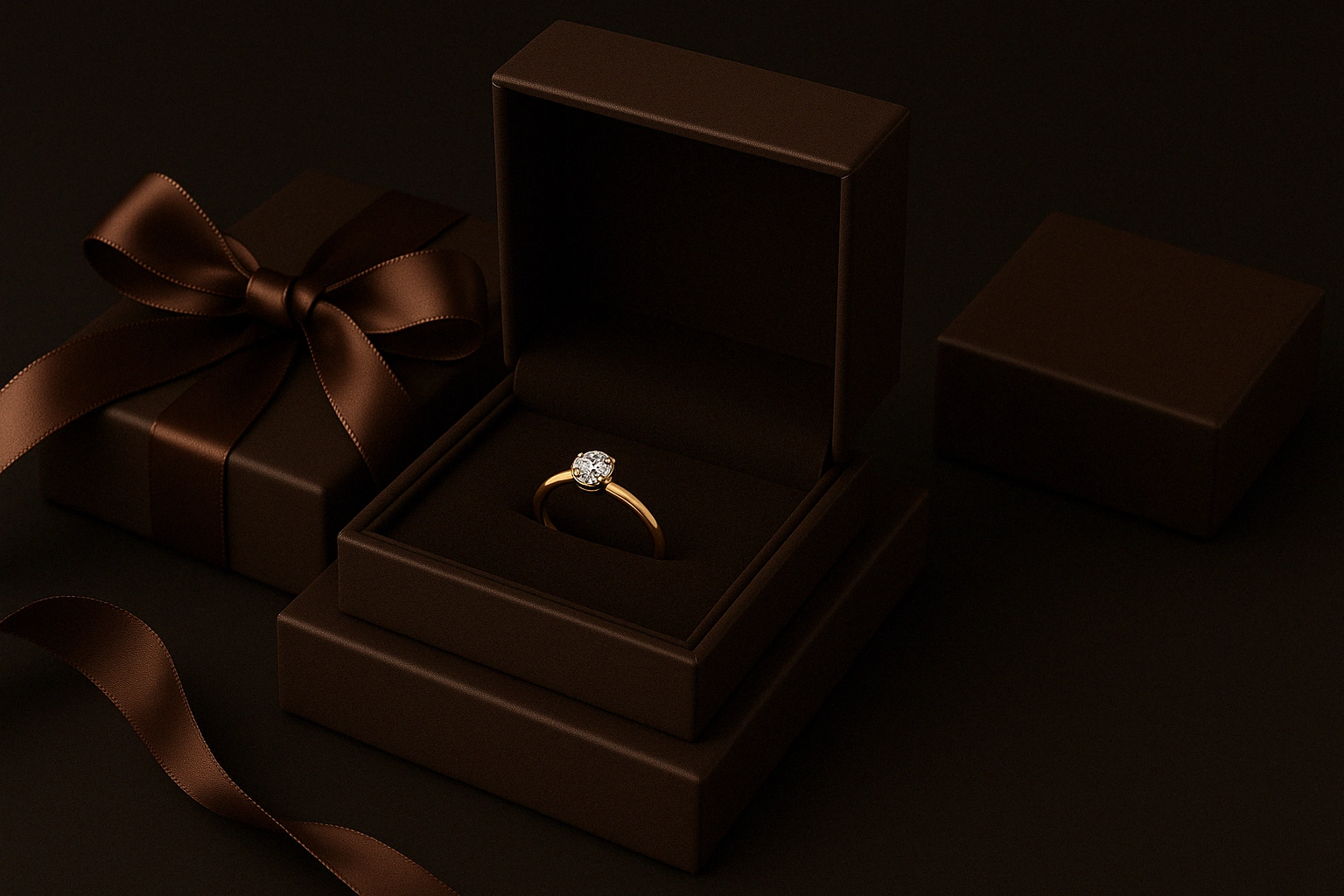 Elegant gold ring with diamond displayed in a luxurious brown velvet box, accompanied by gift packaging with satin ribbon.
