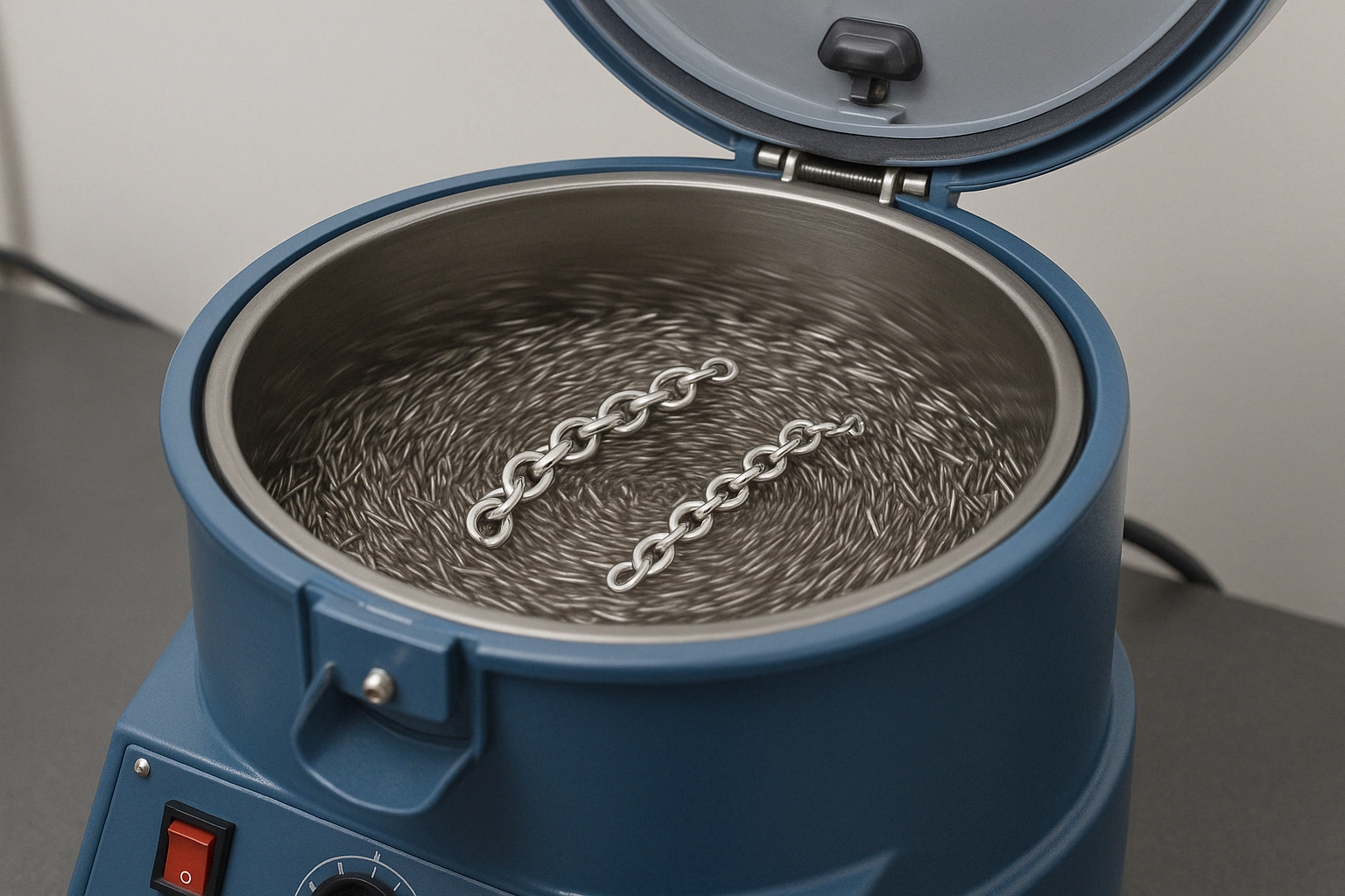 Open magnetic pin tumbler showing stainless steel pins swirling around chain bracelets during burnishing process.