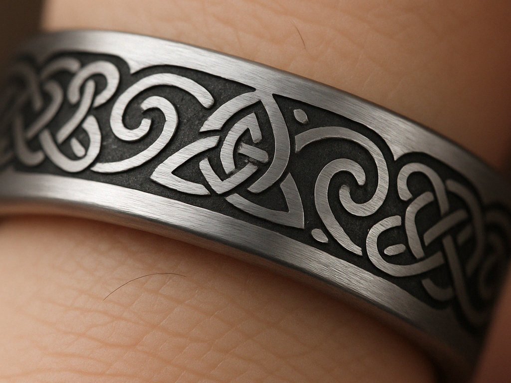 Close-Up of Unisex Stainless Steel Thumb Ring with Celtic Laser Engraving