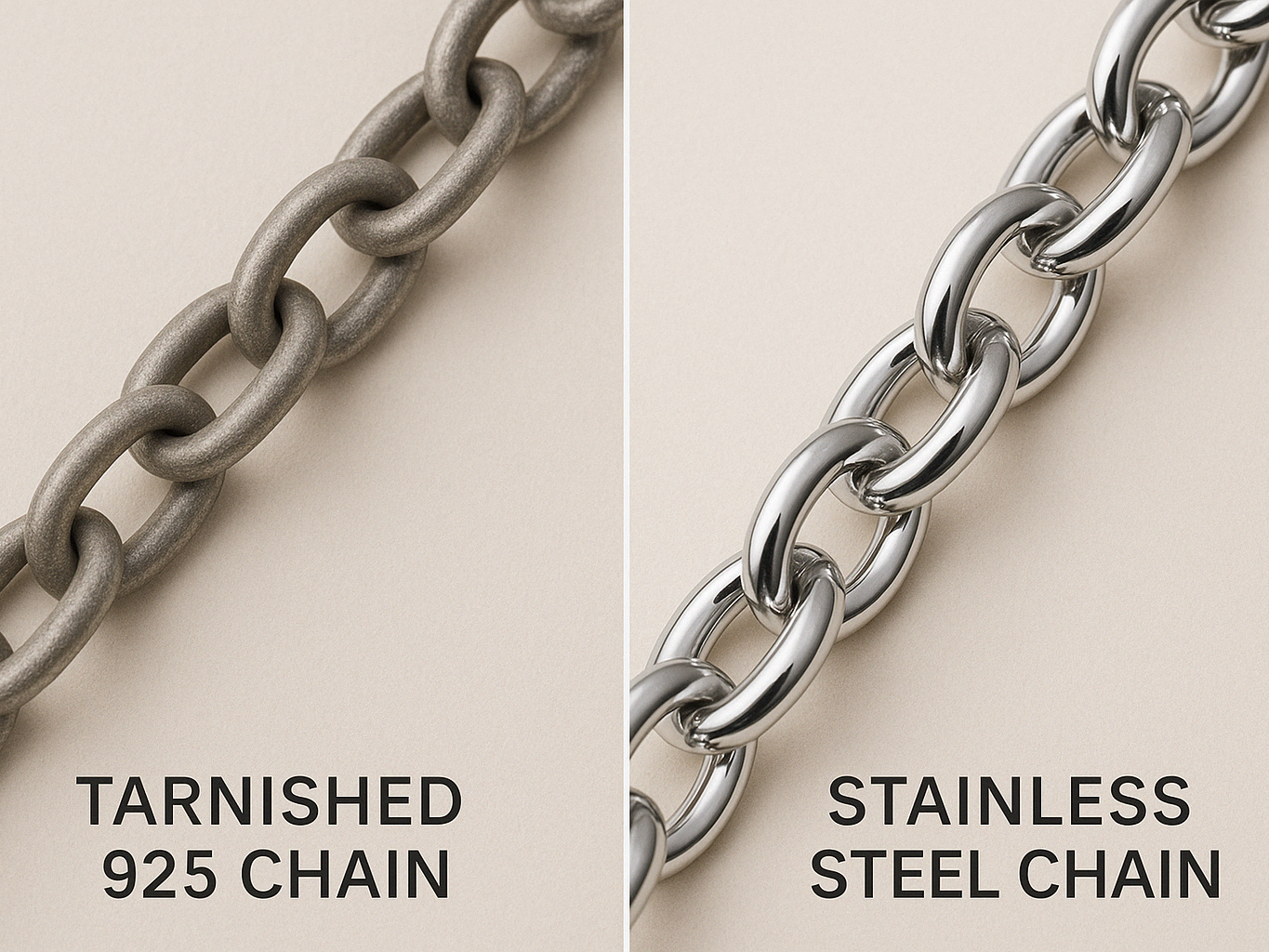Tarnished 925 Silver Chain vs. Shiny Stainless Steel Chain After Salt Spray Exposure