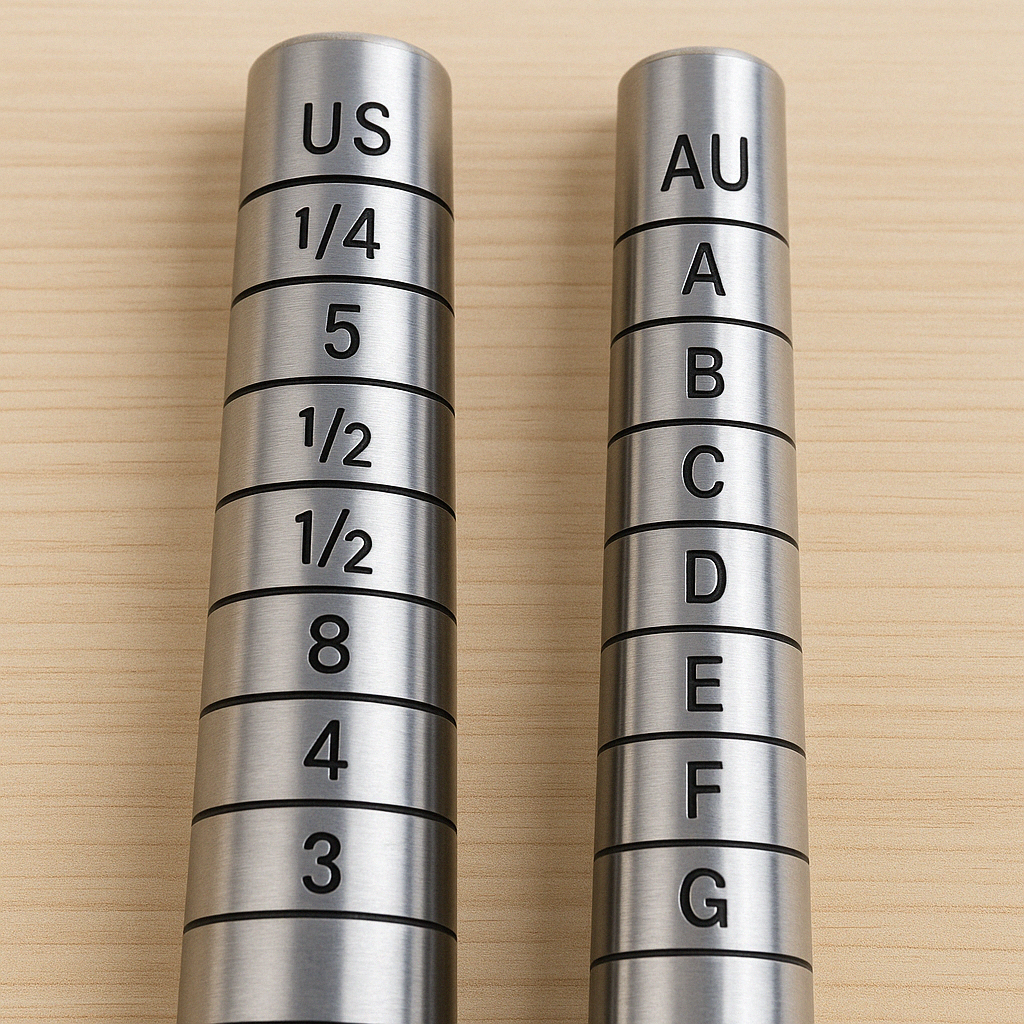 US and Australian Ring Size Mandrels Side by Side