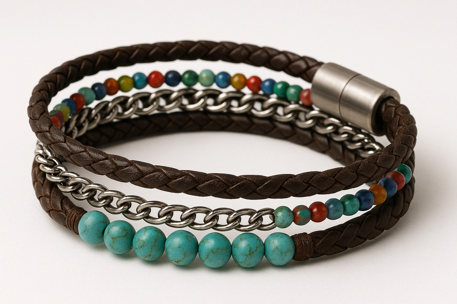 Wrap bracelet featuring braided leather, colorful beads, turquoise stones, and stainless steel chain for a mixed-material look.
