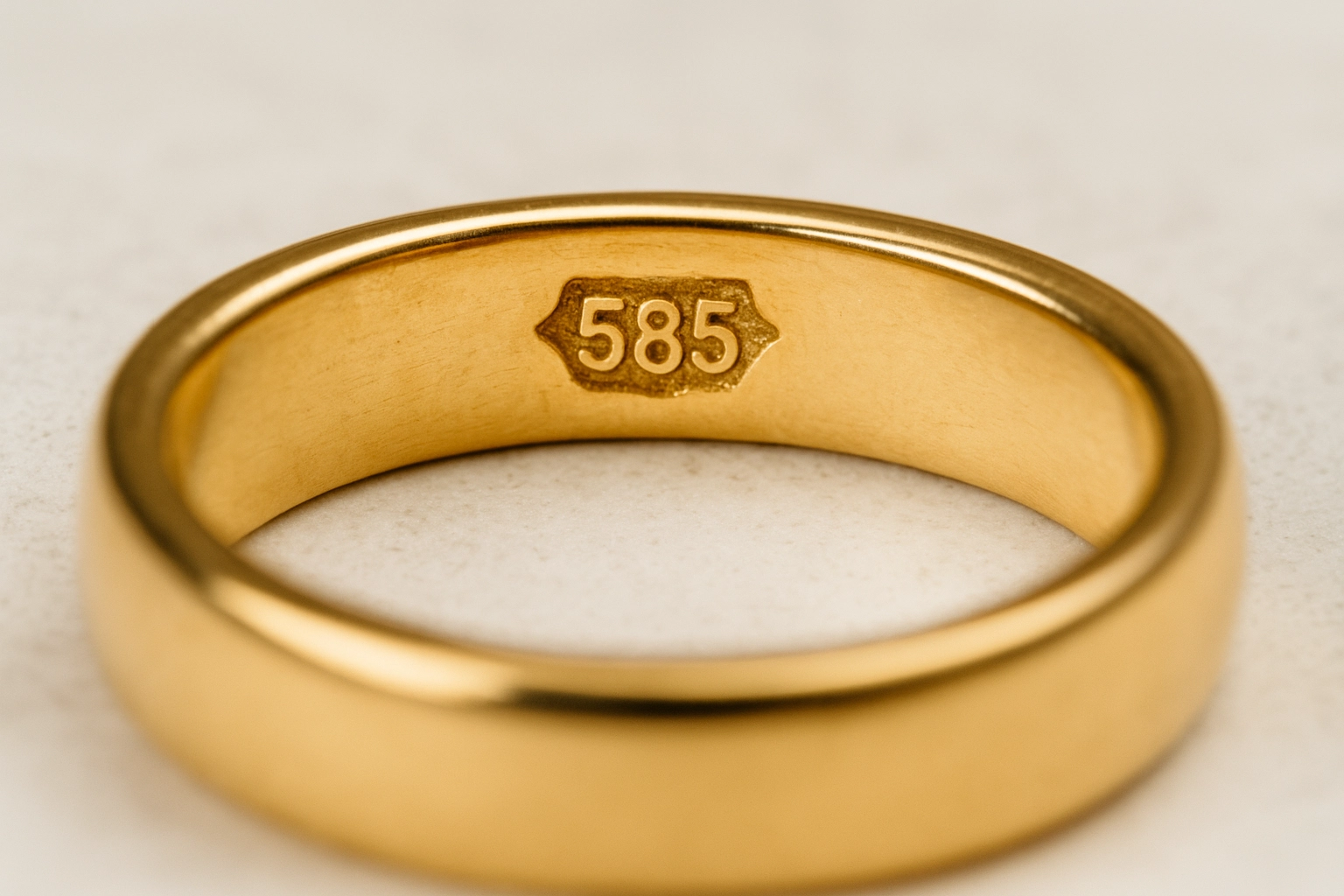 Close-up of the inside of a gold ring engraved with a “585” stamp, indicating 14-karat gold purity.