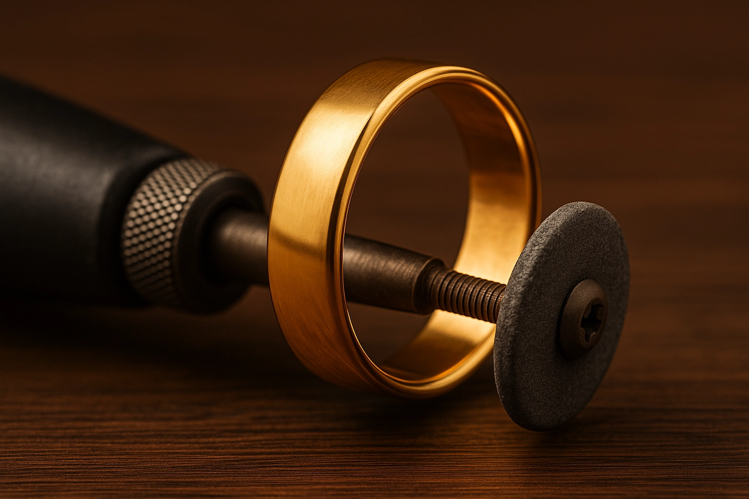 Close-up of a 585 gold ring being polished with a rotary tool, showing surface refinement during the finishing stage.