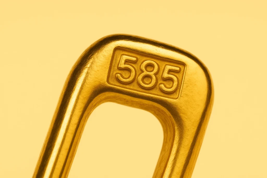 Close-up of a gold jewelry component stamped with “585,” indicating 14-karat gold purity.