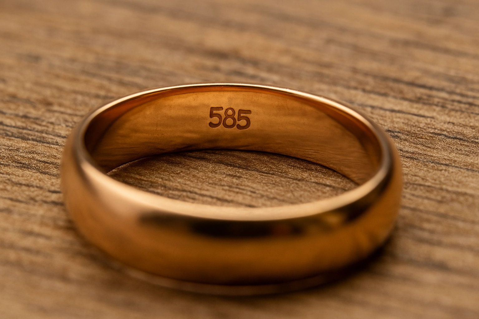 Close-up of a 14K gold wedding band with a 585 stamp engraved on the inside, placed on a wooden background.