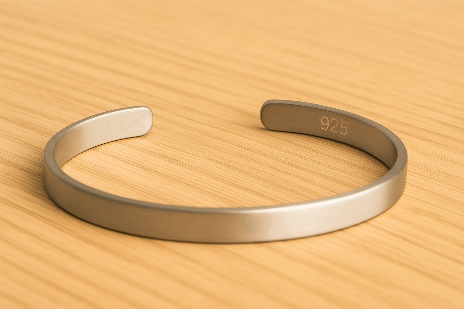 Minimalist sterling silver cuff bracelet engraved with 925 hallmark, displayed on a wooden surface.