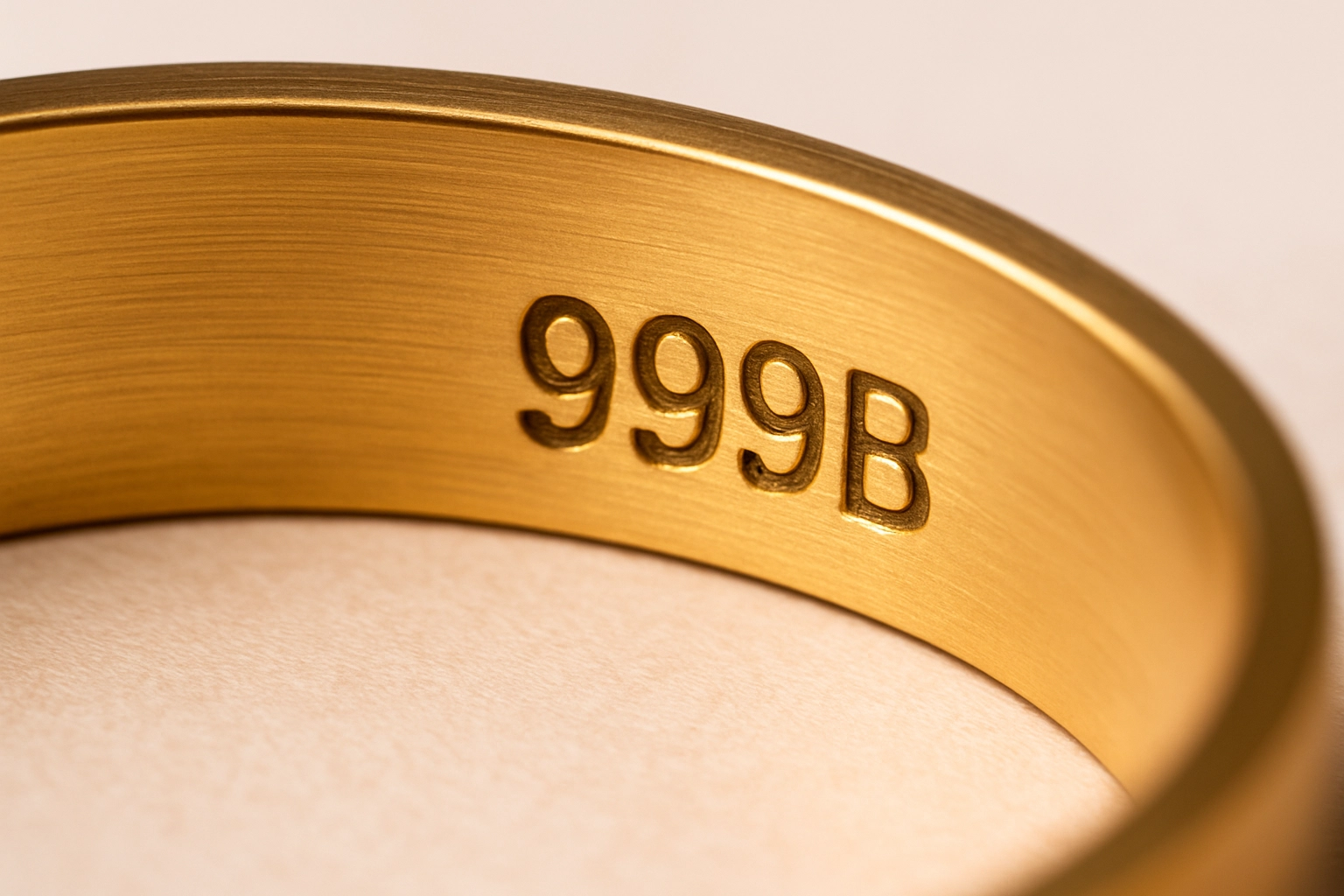 Close-up of a gold bracelet engraved with the hallmark “999B,” indicating high-purity gold with possible manufacturer or compliance suffix.