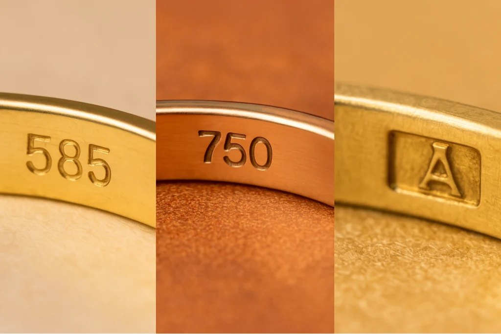 Macro image montage showing hallmark stamps of 585, 750, and a letter maker’s mark on different gold jewelry items.