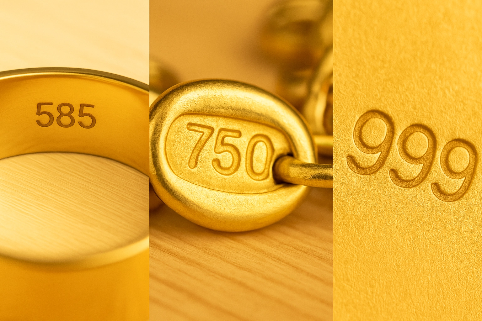 Macro image showing hallmark stamps of 585, 750, and 999 on various gold jewelry items, representing different purity levels.