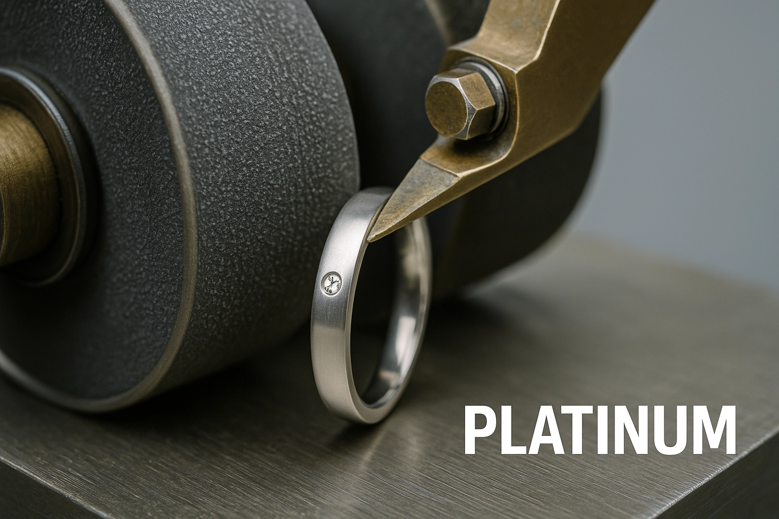 Close-up of a platinum ring being tested for scratch resistance under a polishing or grinding machine, showcasing the metal’s durability.