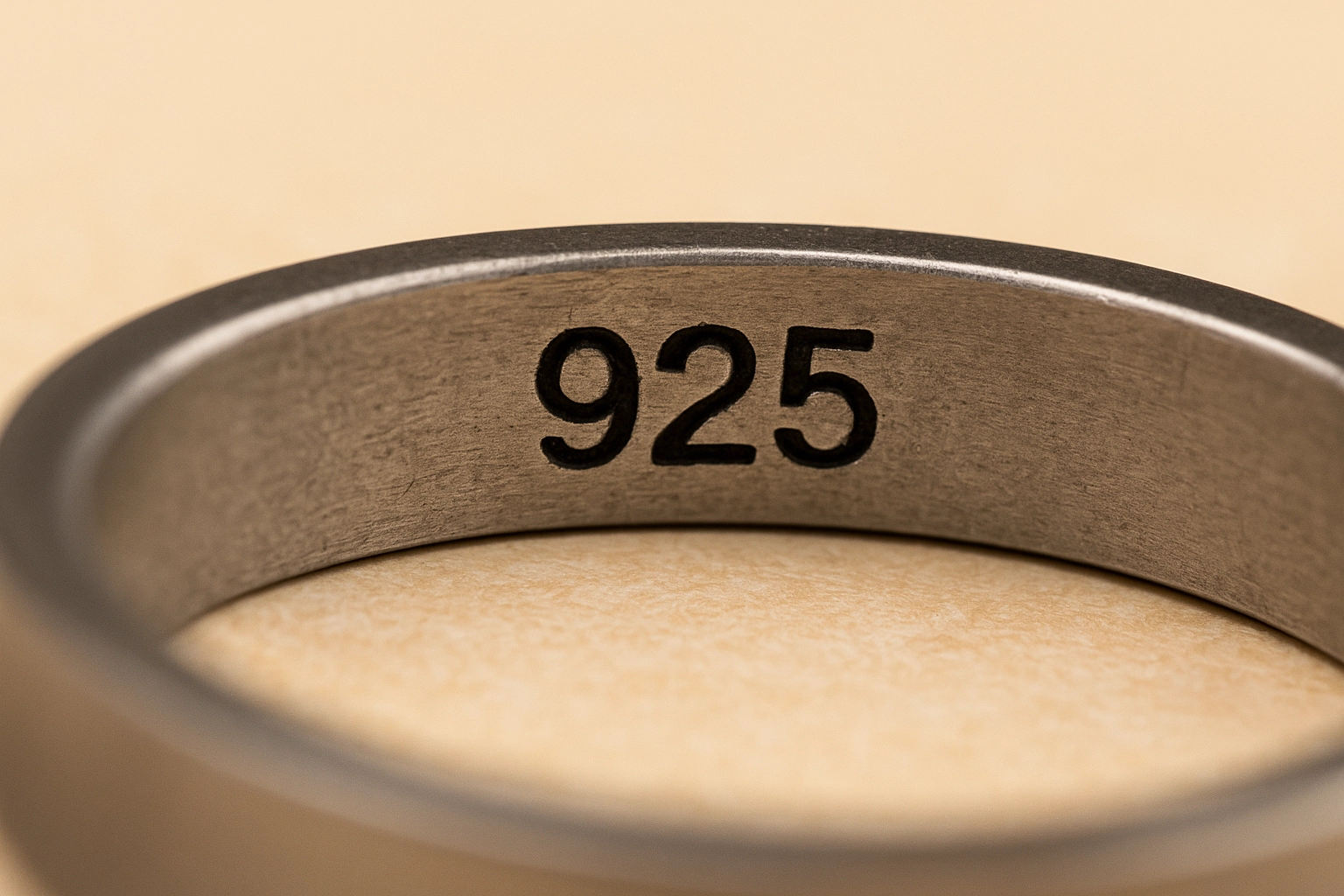 Close-up of a sterling silver ring engraved with a 925 mark, indicating 92.5% silver content.