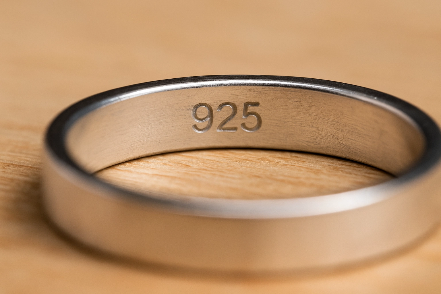 Close-up of a brushed sterling silver ring engraved with “925,” indicating 92.5% silver purity.