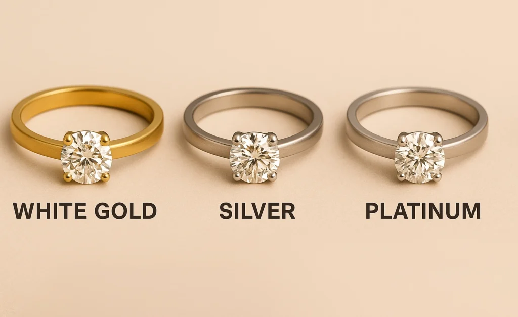 Three diamond rings made of white gold, silver, and platinum displayed side by side for metal comparison in wholesale jewelry investment.