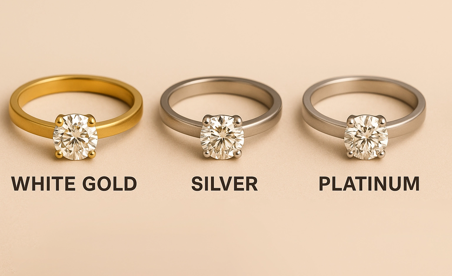 Three diamond rings made of white gold, silver, and platinum displayed side by side for metal comparison in wholesale jewelry investment.