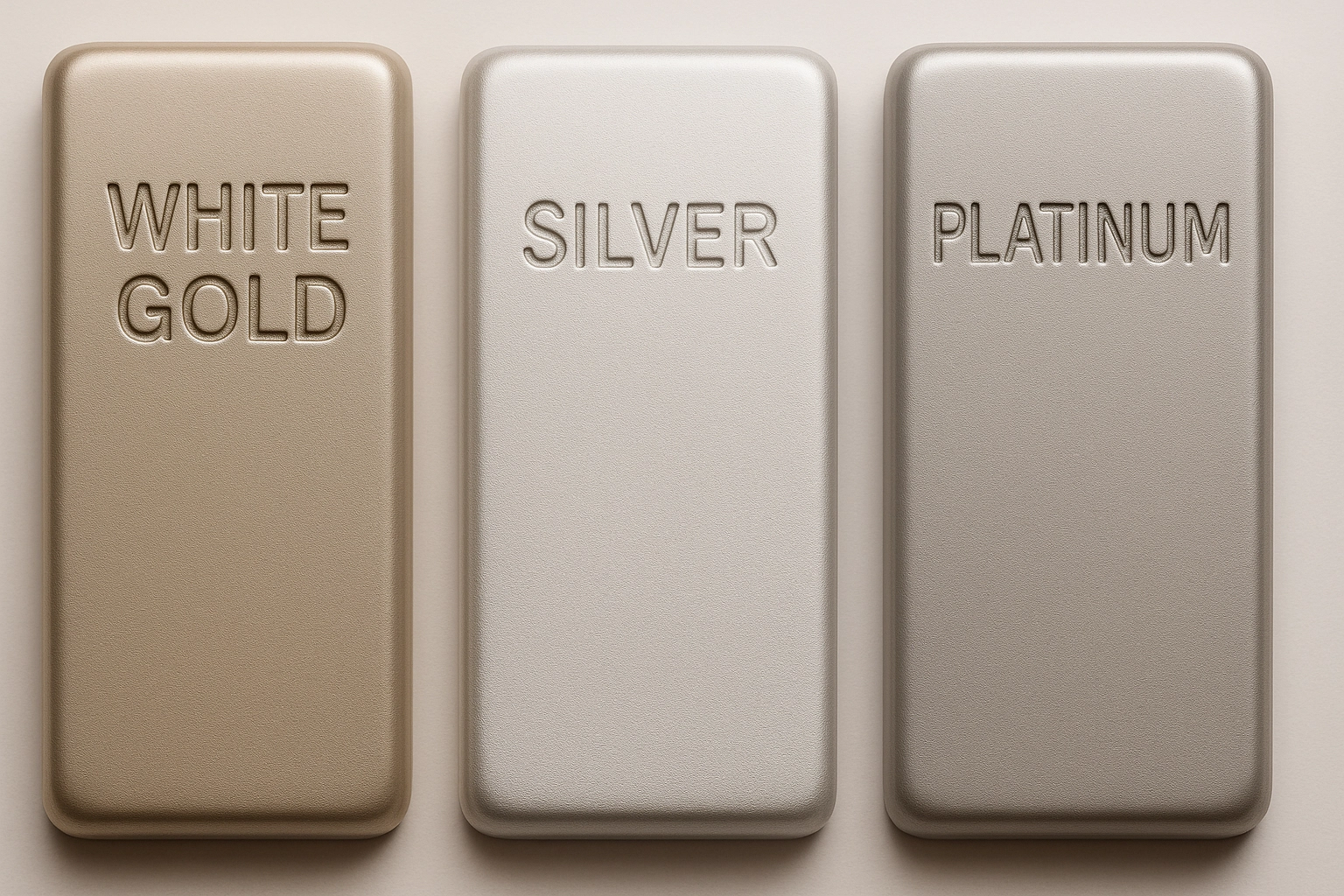 Three metal bars labeled white gold, silver, and platinum side by side, representing different precious metals for wholesale investment comparison.
