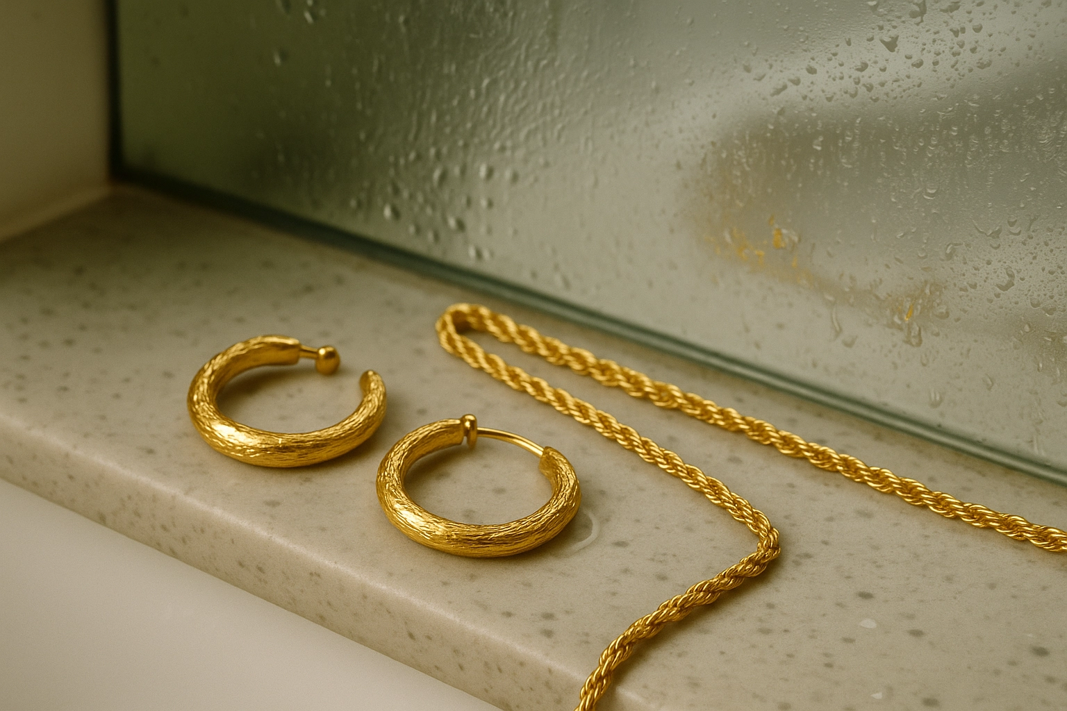 14K gold earrings and chain necklace placed on a wet bathroom surface near a fogged mirror, showing their exposure to moisture.