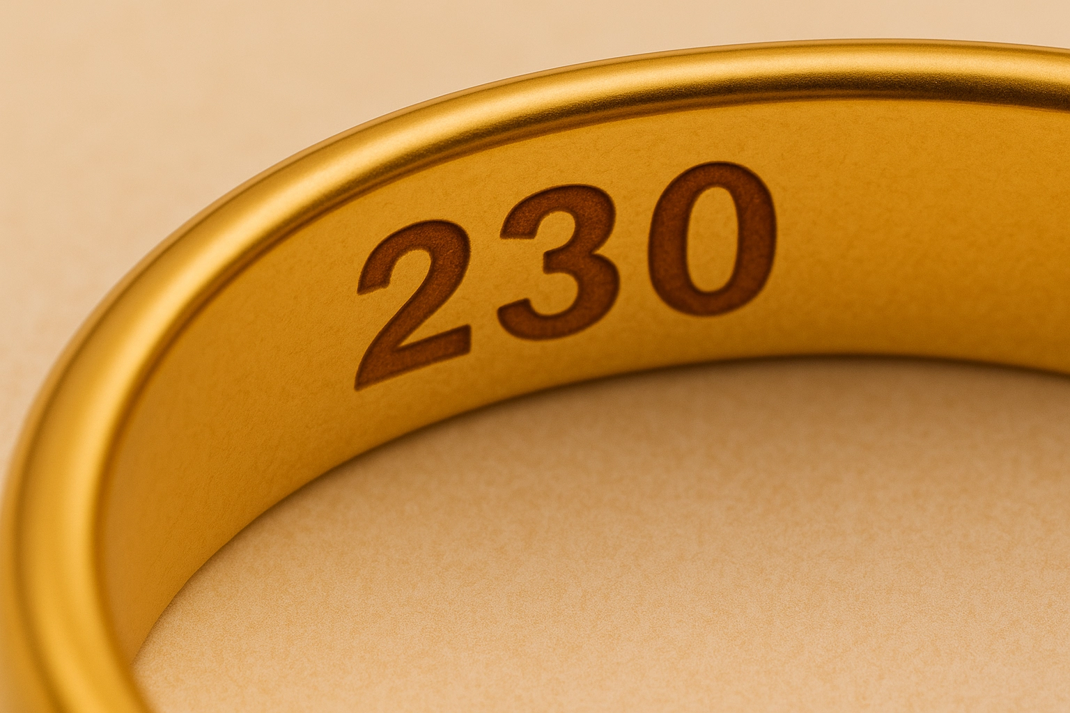Close-up of a gold-colored ring engraved with the number 230, often misunderstood as a gold purity mark.