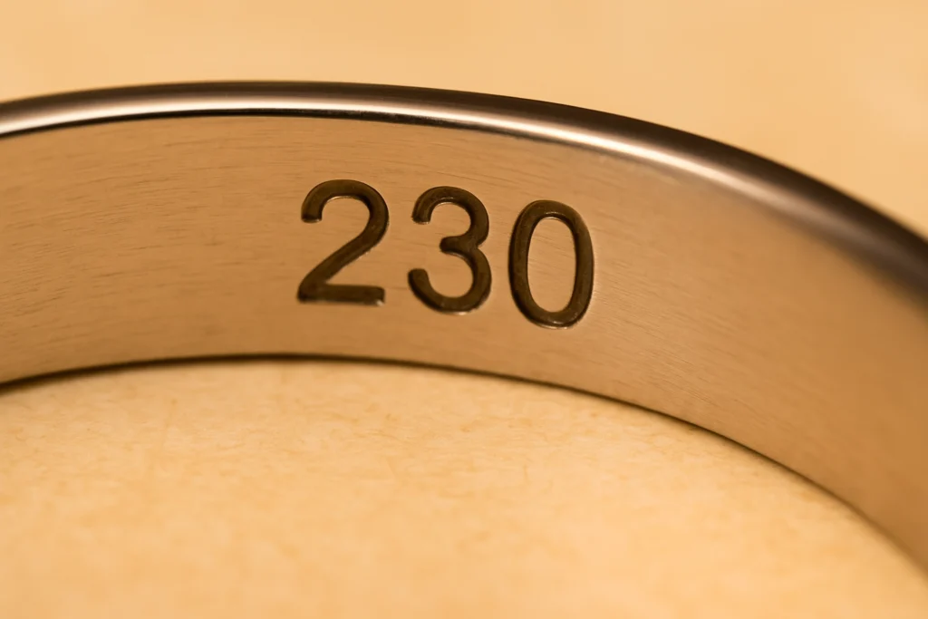 Close-up of a metal ring stamped with the number 230, often misinterpreted as a gold hallmark.