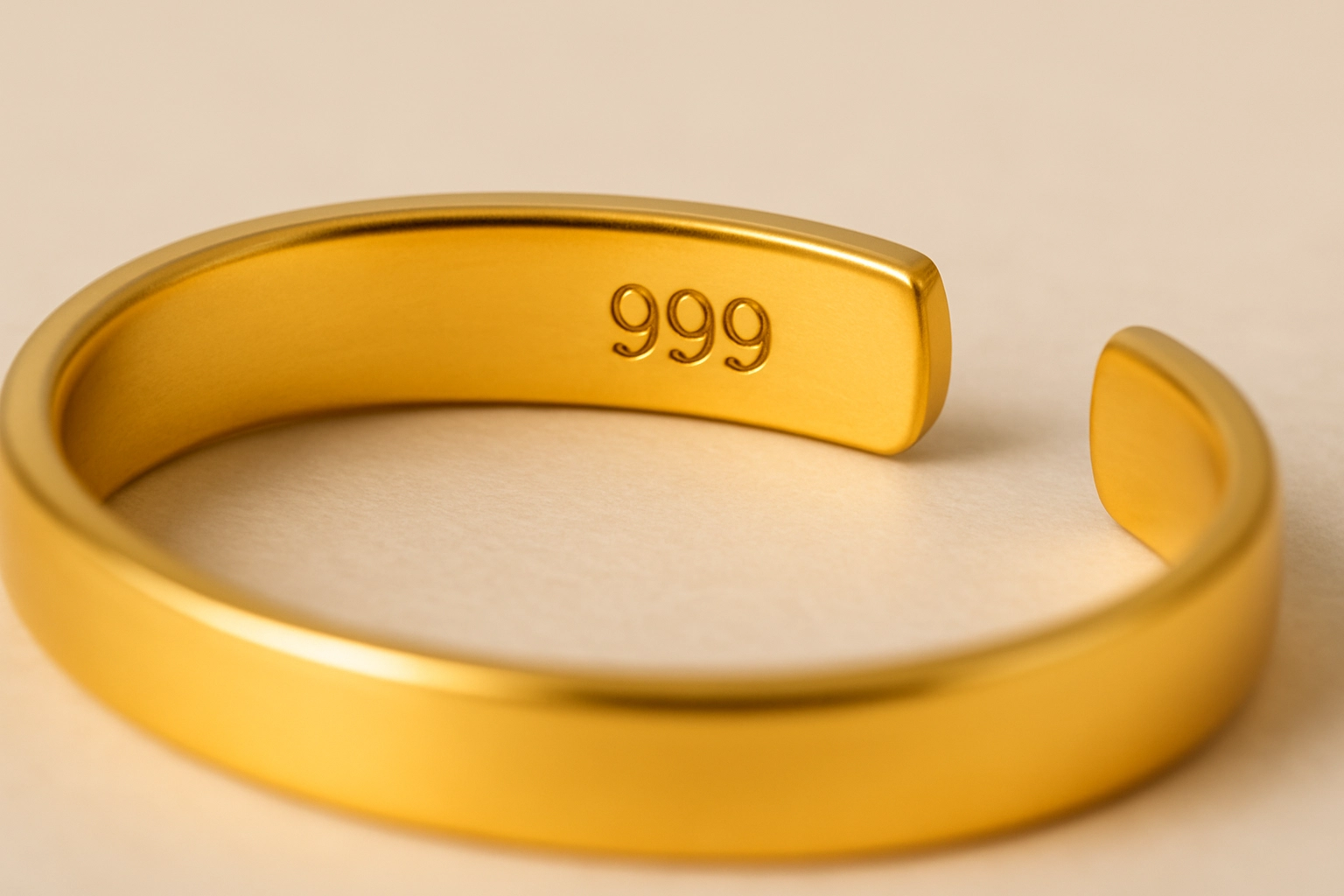 Close-up of a gold bracelet stamped with “999”, representing pure 24K gold
