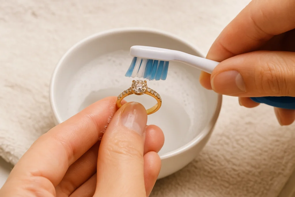 Close-up of a person gently brushing a gold and diamond ring with a soft toothbrush over a bowl of soapy water.