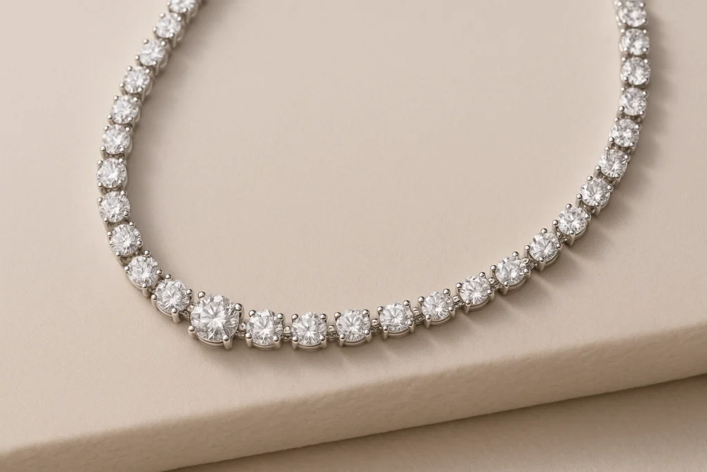 Close-up of a luxurious diamond necklace with round-cut stones set in white metal, symbolizing high-value jewelry.