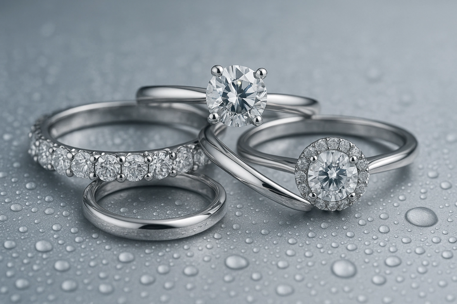 Close-up of multiple diamond engagement rings on a textured surface with water droplets, showcasing luxury and brilliance.