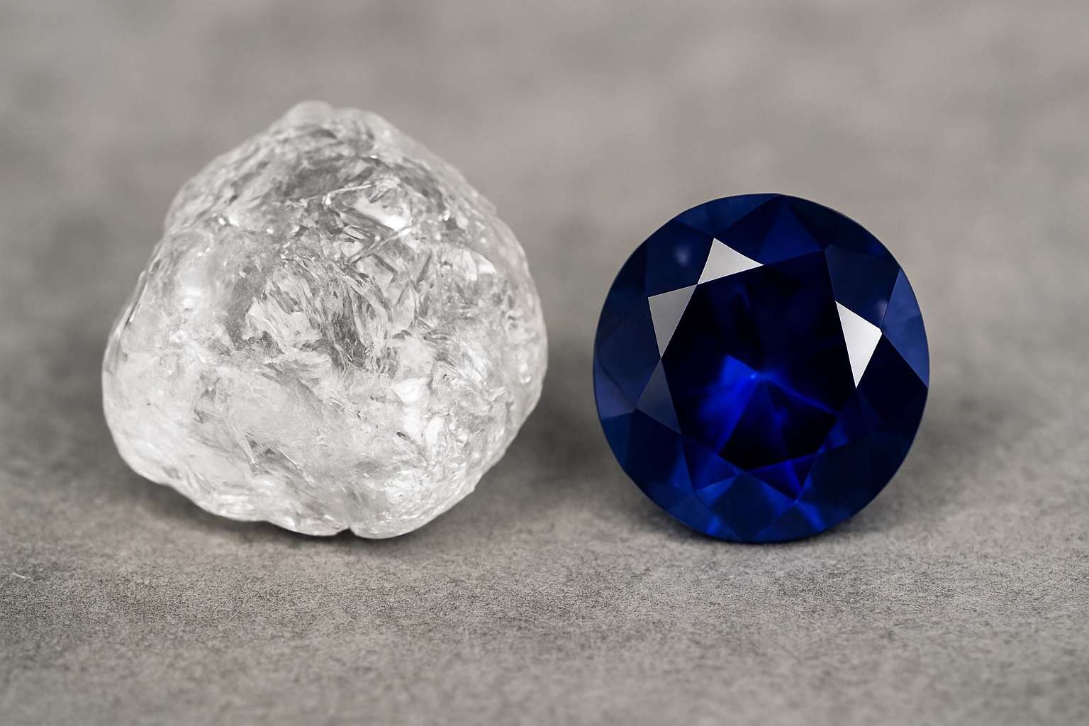Close-up comparison of a rough diamond crystal and a polished blue sapphire gemstone on a gray background.