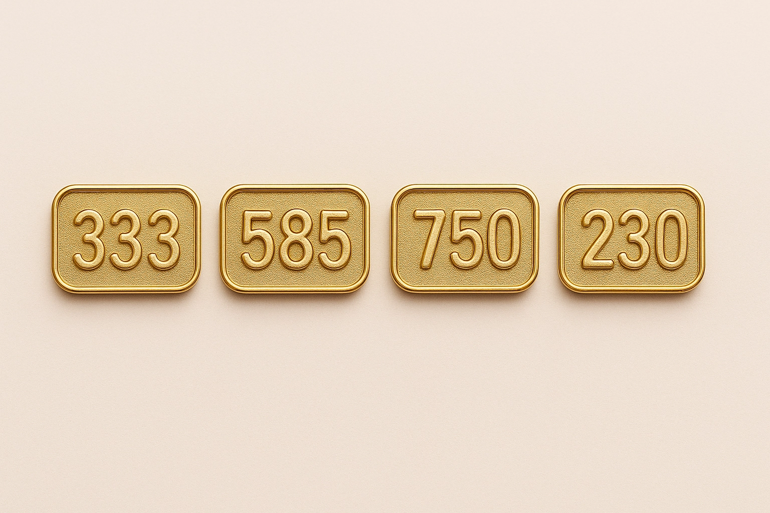 Four gold hallmark-style labels reading 333, 585, 750, and 230, showing a comparison of real and questionable gold marks.