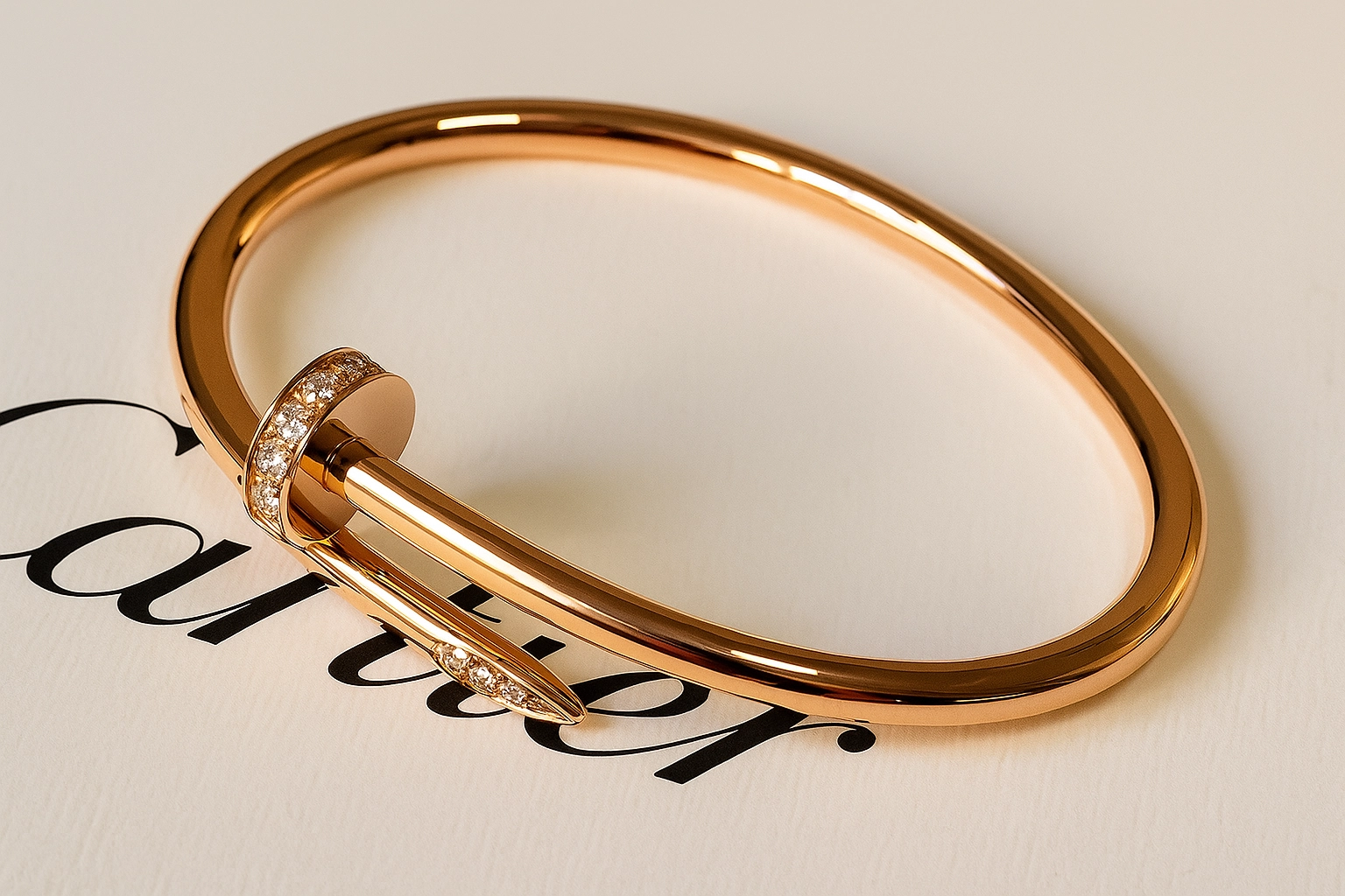 Close-up of a rose gold Juste un Clou bracelet with diamond accents, placed on top of the Cartier logo.