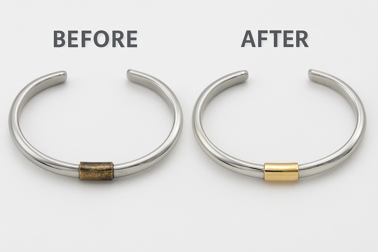 Side-by-side photo of the same mixed metal bracelet with a brass accent—tarnished on the left, polished and restored on the right.