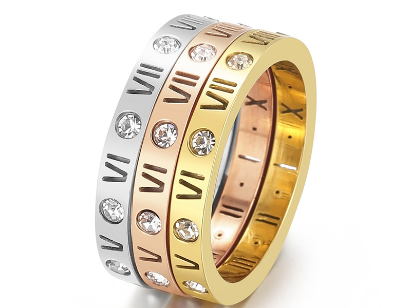 Roman Numeral Stainless Steel Rings with Crystals – Tri-Color Set