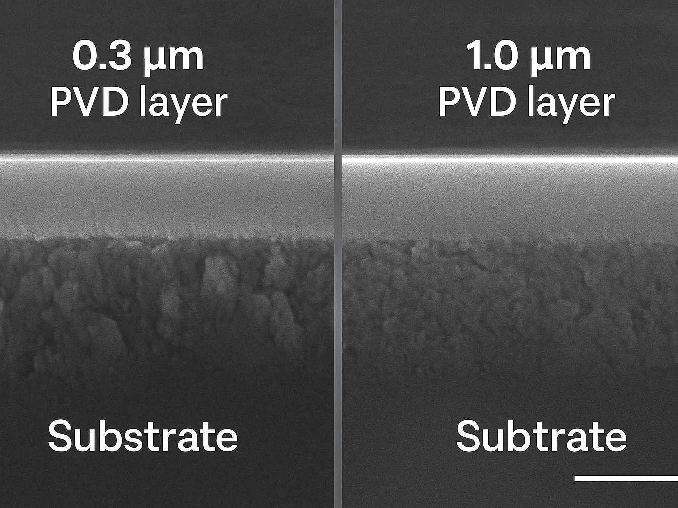 SEM Comparison of 0.3 µm vs. 1.0 µm PVD Coating Layers