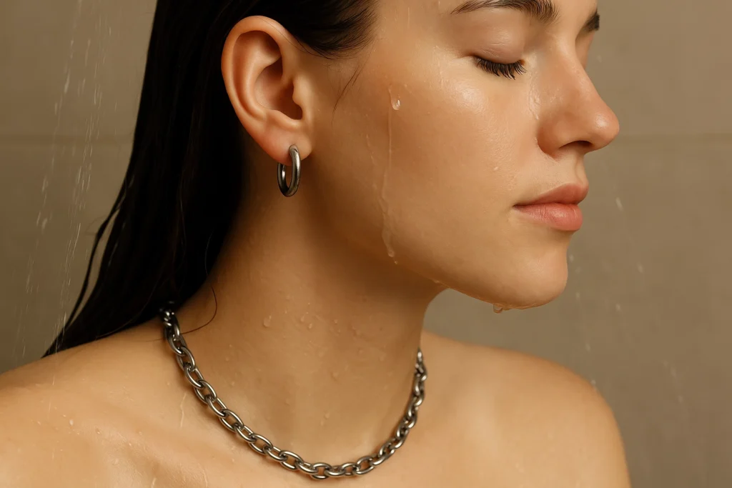 Woman wearing stainless steel earrings and necklace in the shower, illustrating waterproof metal durability.