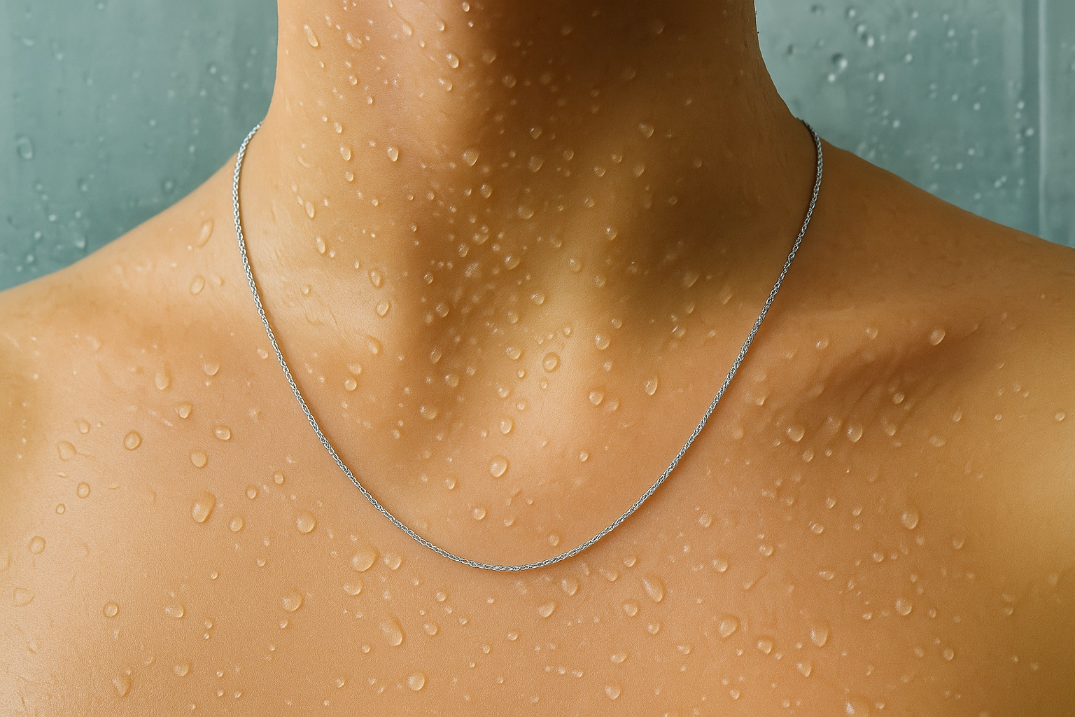 Close-up of a wet silver necklace on a person’s neck in the shower, highlighting silver's vulnerability to tarnishing.