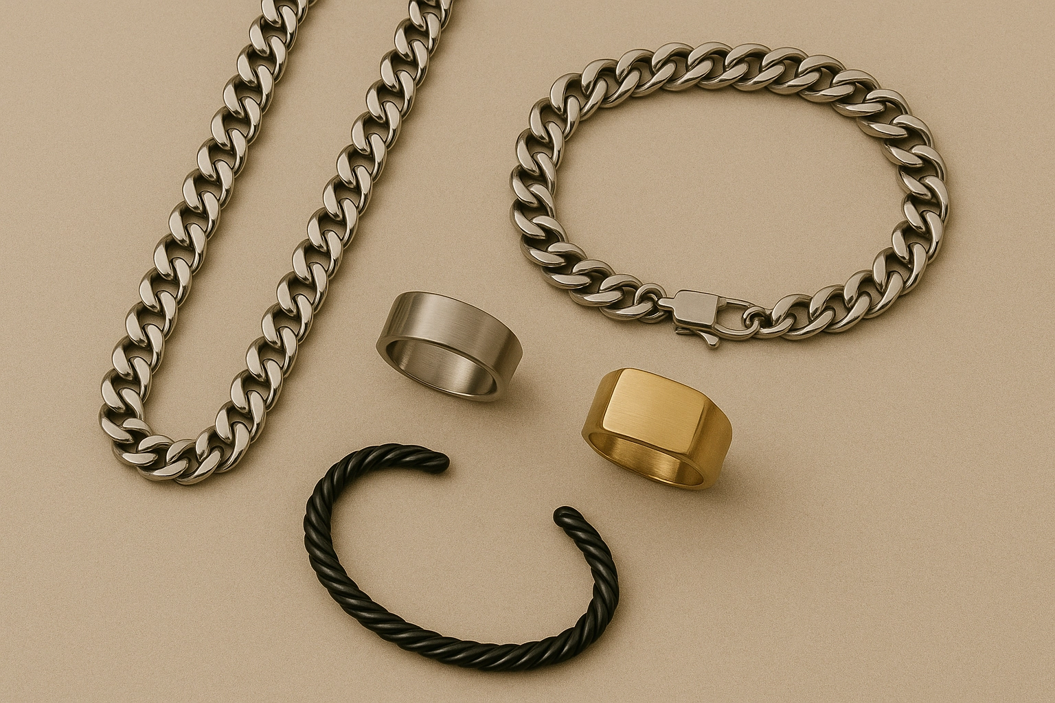 Flat lay of men’s jewelry in stainless steel, gold-tone, and black finishes including chain, rings, and cuff bracelet.