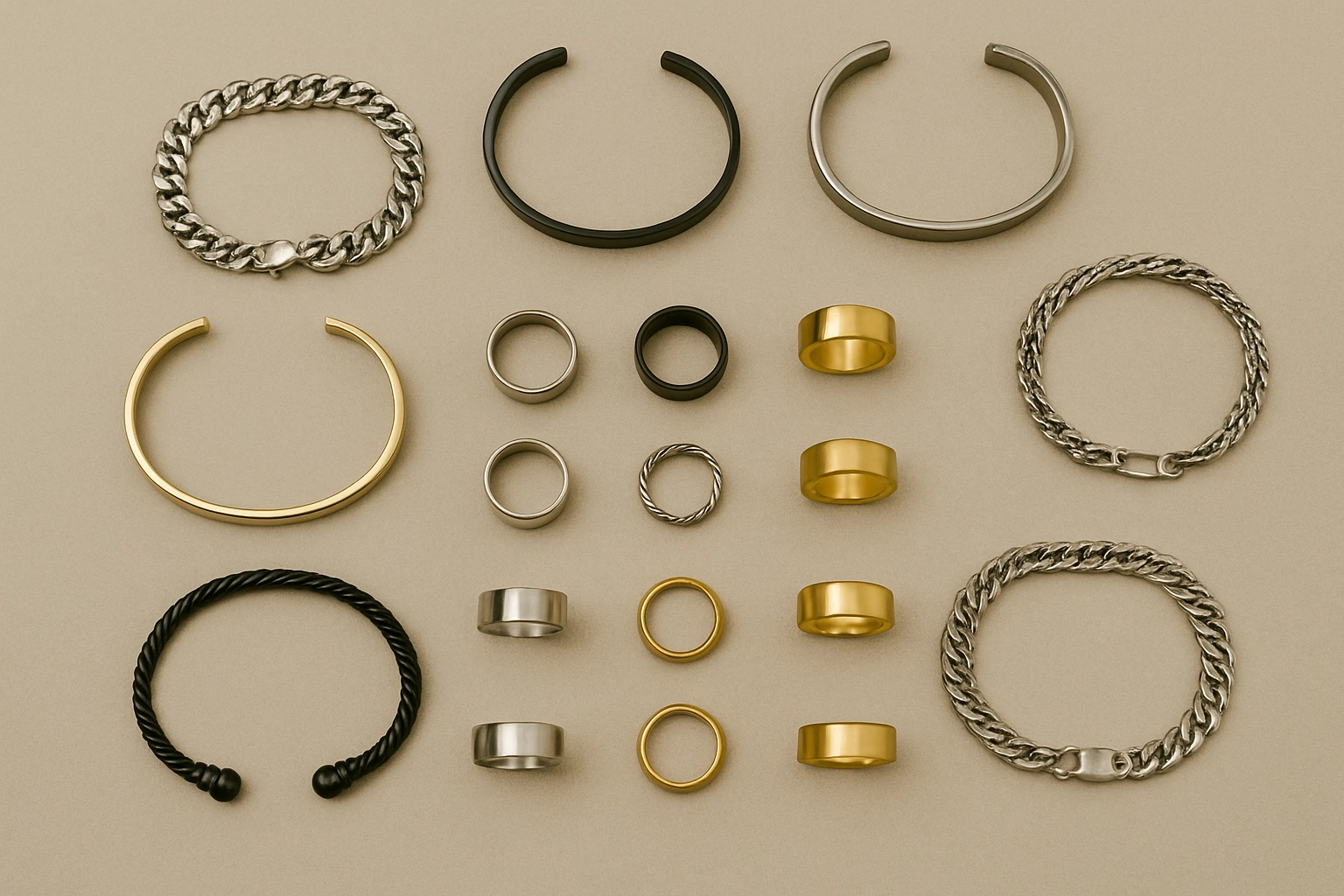 Flat lay of men’s rings and bracelets in stainless steel, brass, and silver, showcasing metal variety for wholesale pricing tiers.