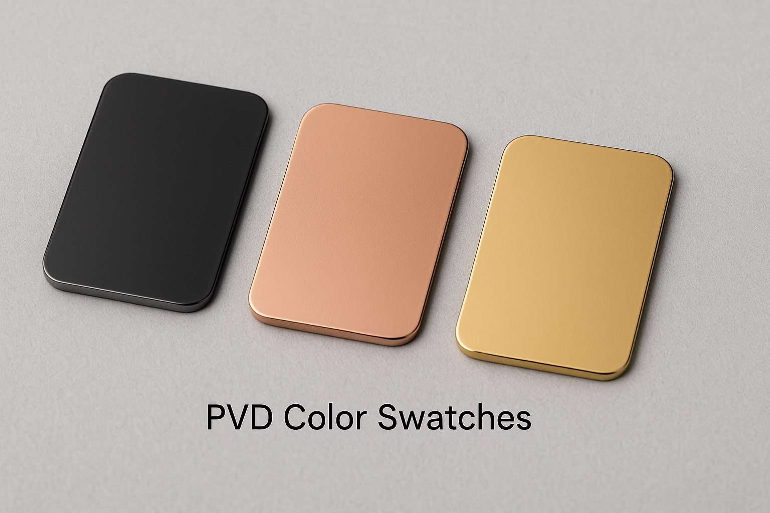 PVD-coated stainless steel color swatches in black, rose gold, and yellow gold, demonstrating finish options for jewelry.