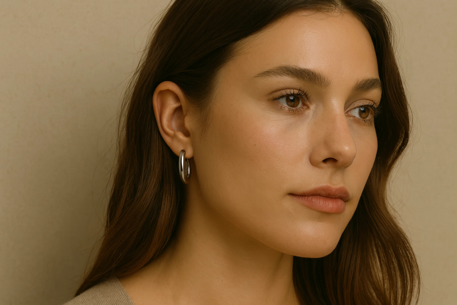 Close-up of woman wearing polished stainless steel hoop earrings, suitable for sensitive skin.