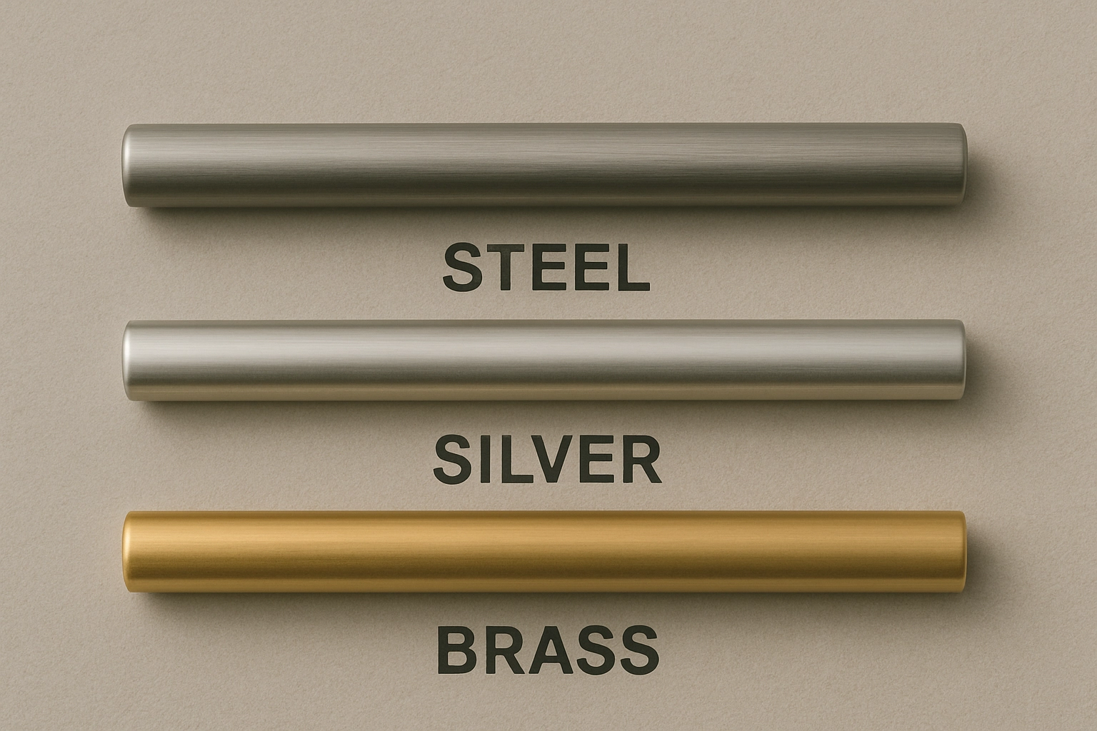 Side-by-side comparison of steel, silver, and brass rods showing color and finish differences, used in jewelry material selection.