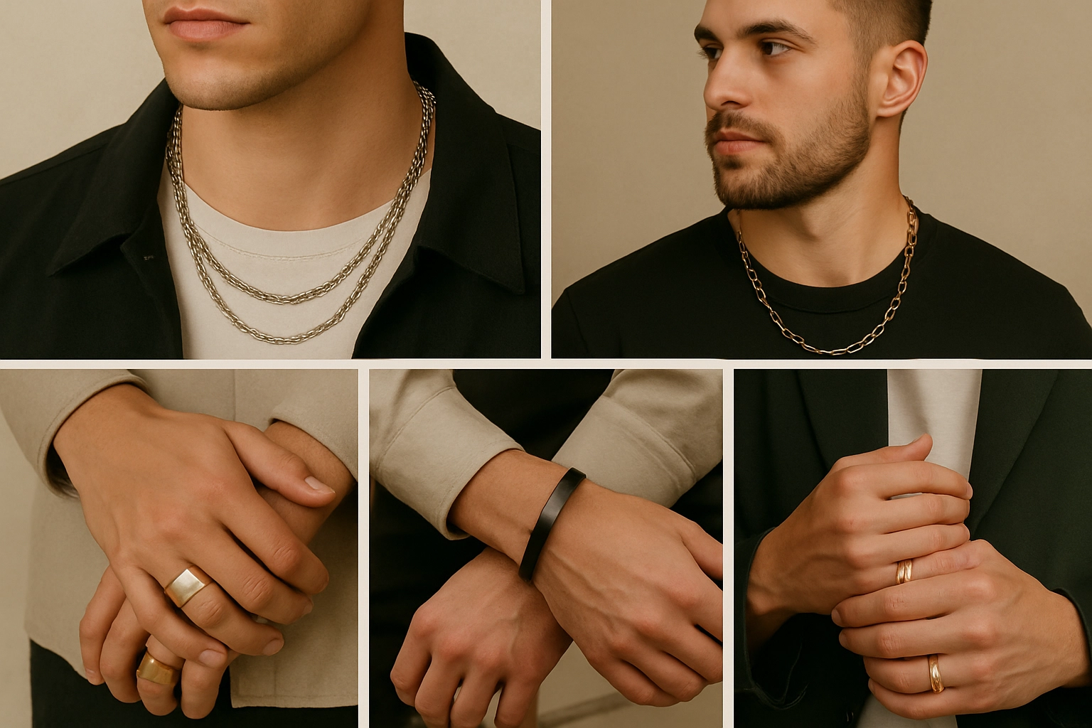 Collage of trending men’s jewelry including stainless steel necklaces, rings, and cuffs for wholesale inspiration.